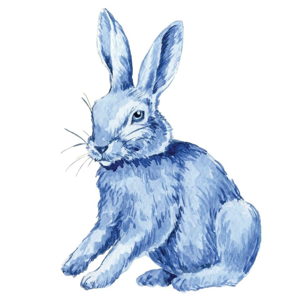 Easter bunny, vintage style watercolor drawing, blue hare vector