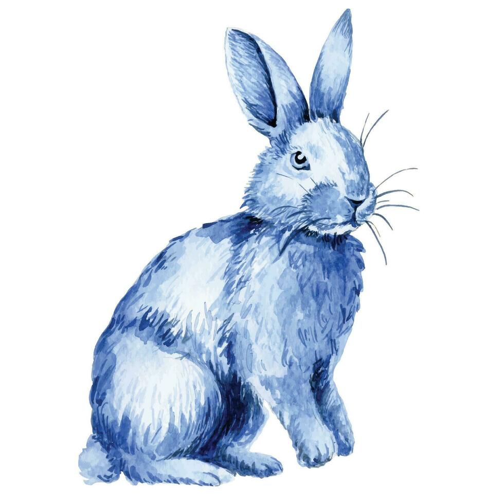 Easter bunny, vintage style watercolor drawing, blue hare vector