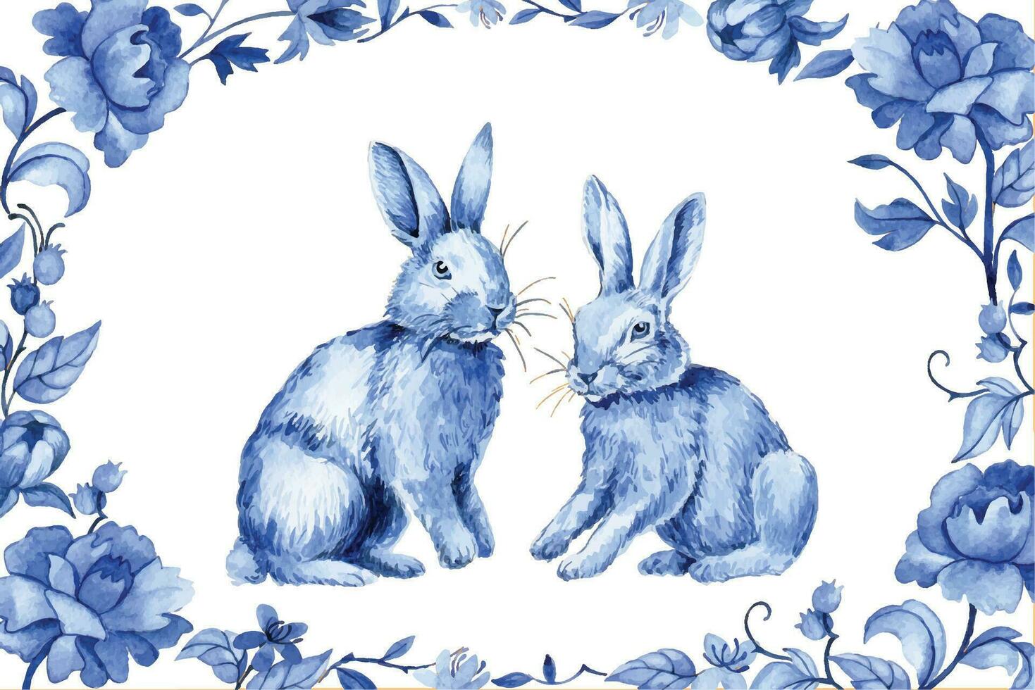 vintage card, frame Easter bunnies and blue flowers, watercolor drawing in vintage style. vector