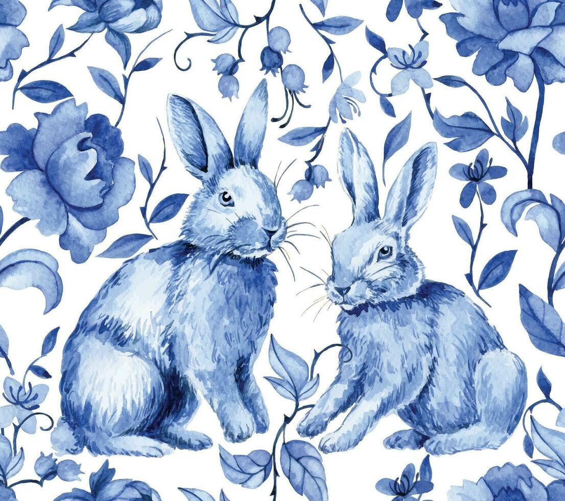 vintage seamless pattern with Easter bunnies and blue flowers, watercolor drawing in vintage style. vector