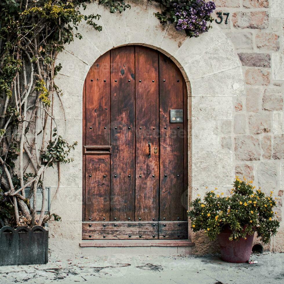 marrón de madera antiguo puerta hecho desde listones foto. gris ladrillo casa rodeado por verde árbol follaje. foto