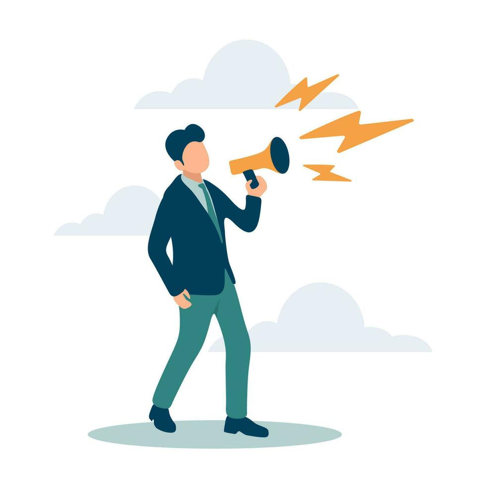 Business shout out, speaking out loud to communicate with co-worker or draw attention and announce promotion concept, confidence young businessman using megaphone speak out loud to be heard in public vector