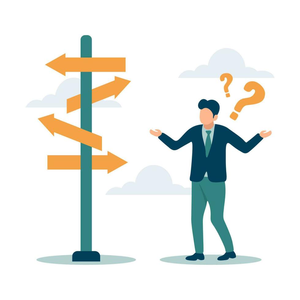 Business decision making, career path, work direction or leadership to choose the right way to success concept, confusing businessman manager looking at multiple road sign and thinking which way to go vector