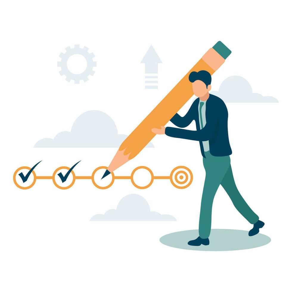 Project tracking, goal tracker, task completion or checklist to remind project progress concept, businessman project manager holding big pencil to check completed tasks in project management timeline vector