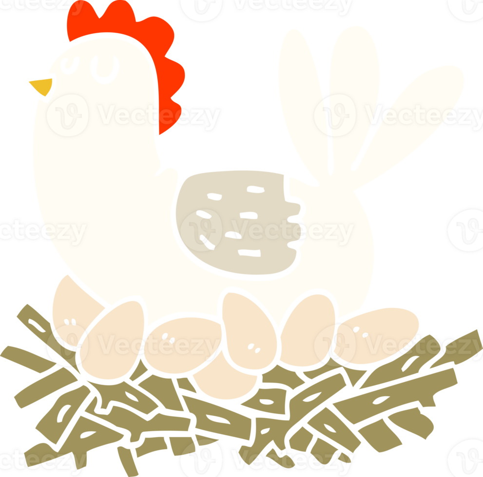 flat color illustration cartoon chicken on nest of eggs png