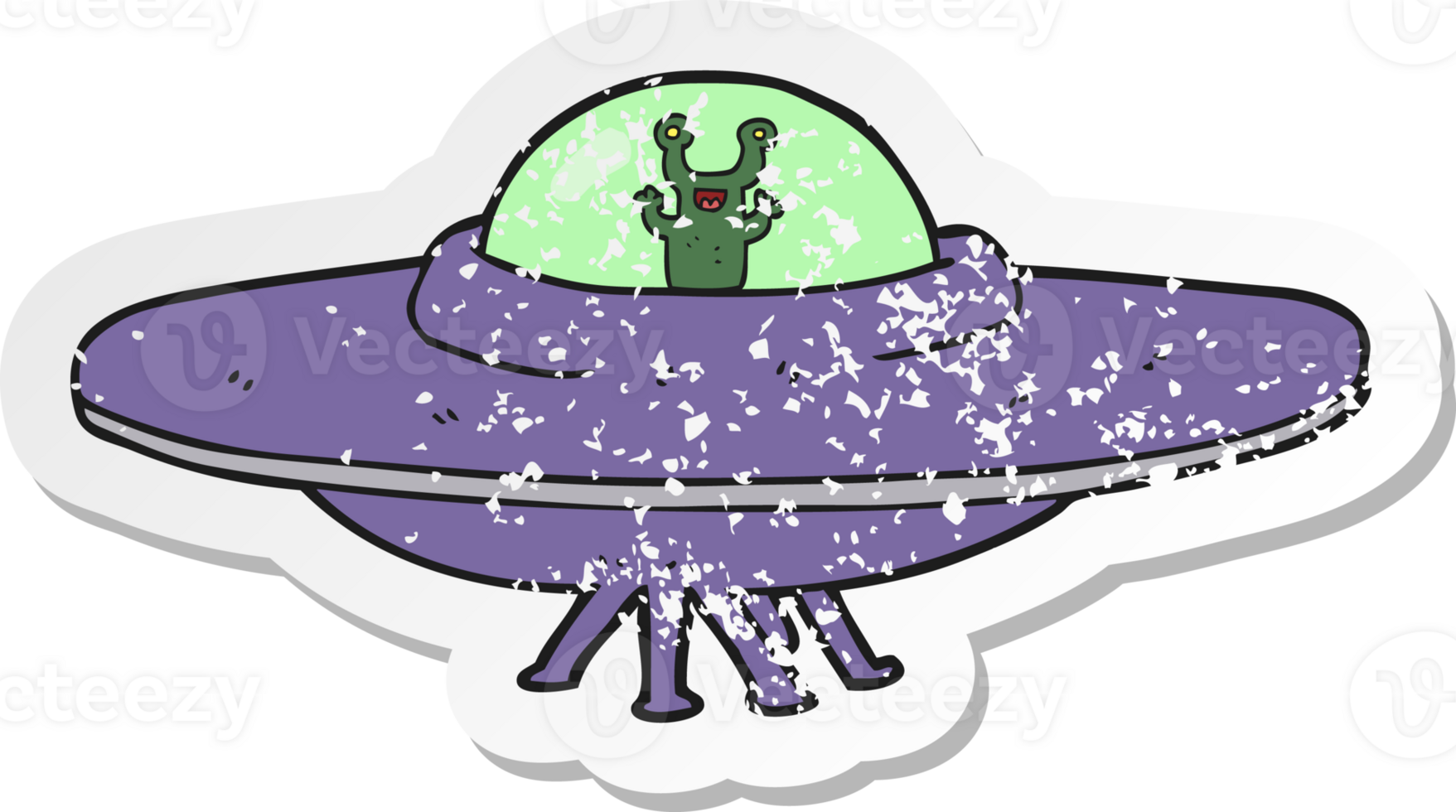 retro distressed sticker of a cartoon alien spaceship png