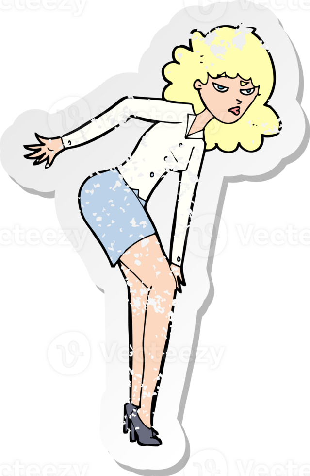 retro distressed sticker of a cartoon annoyed woman rubbing knee png