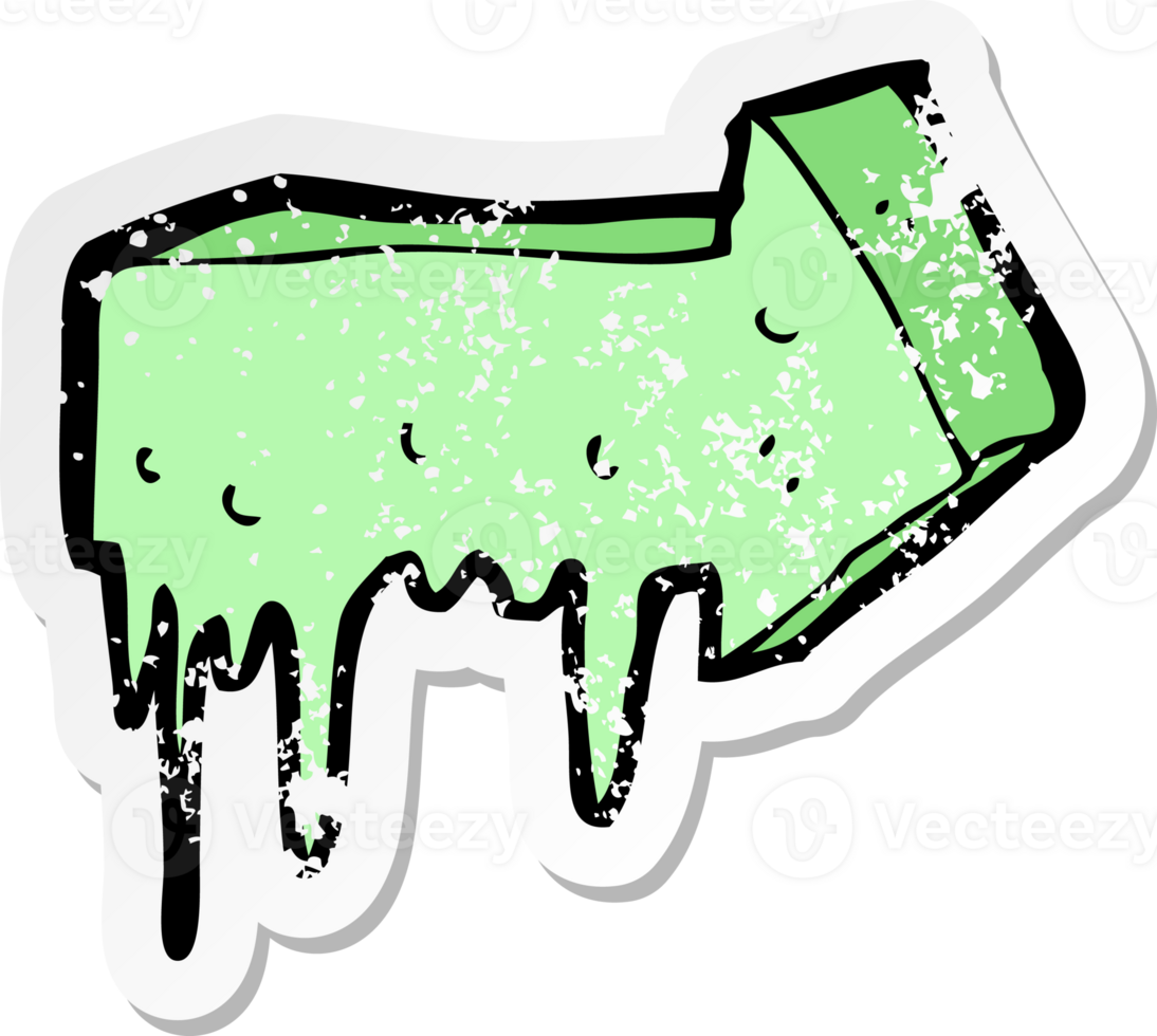 retro distressed sticker of a cartoon slimy pointing arrow png