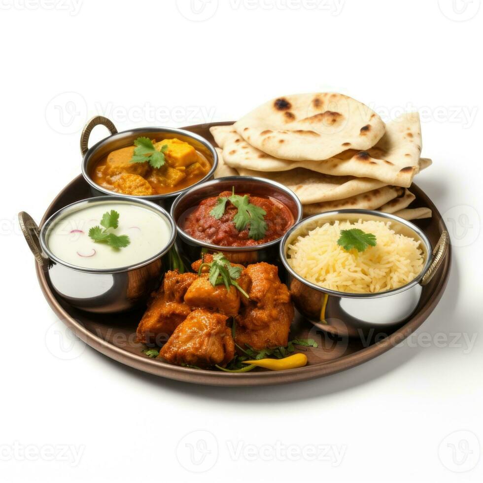 indio estilo comida comida almuerzo en blanco antecedentes foto