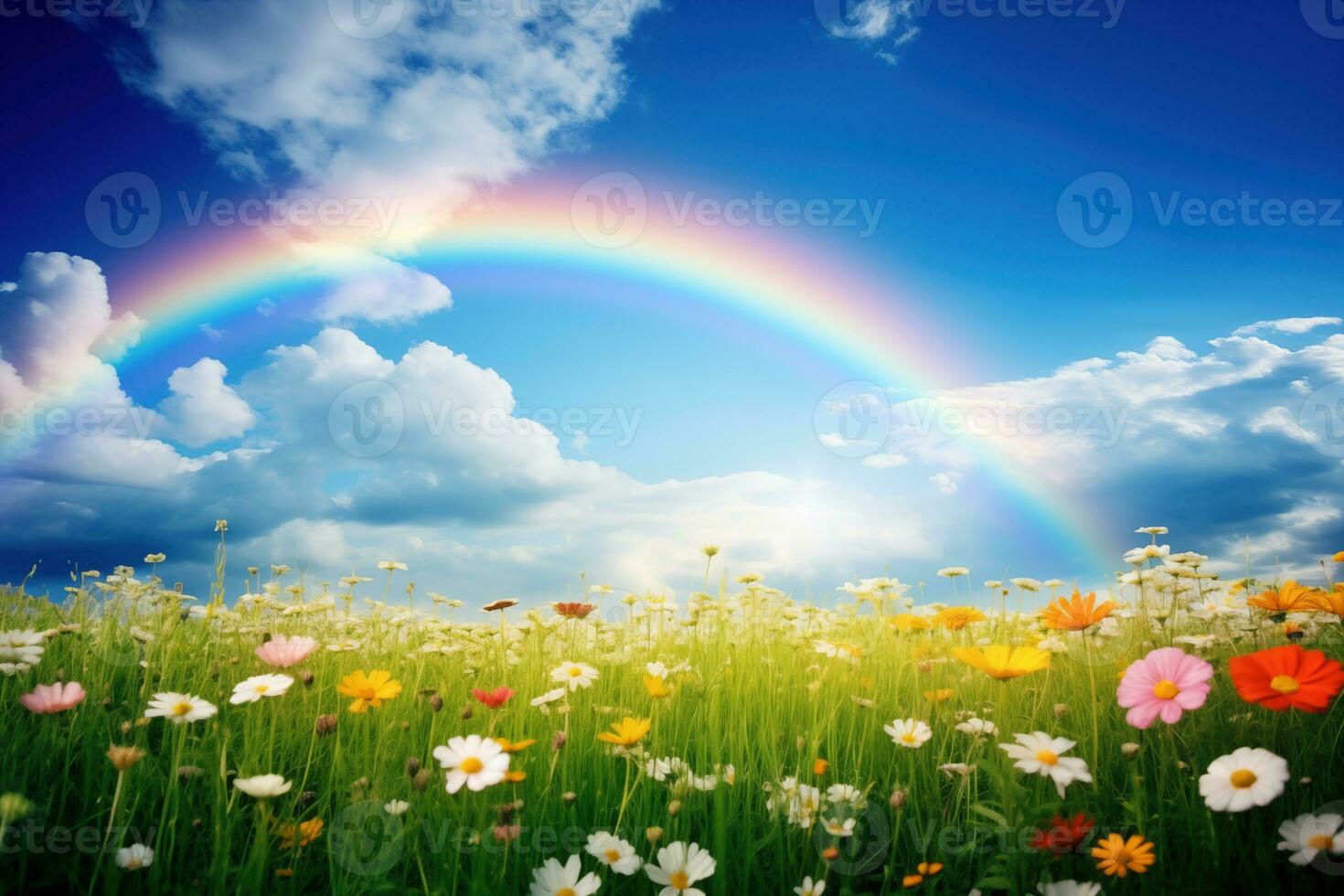 AI generated A peaceful landscape meadow field with rainbow in the sky photo