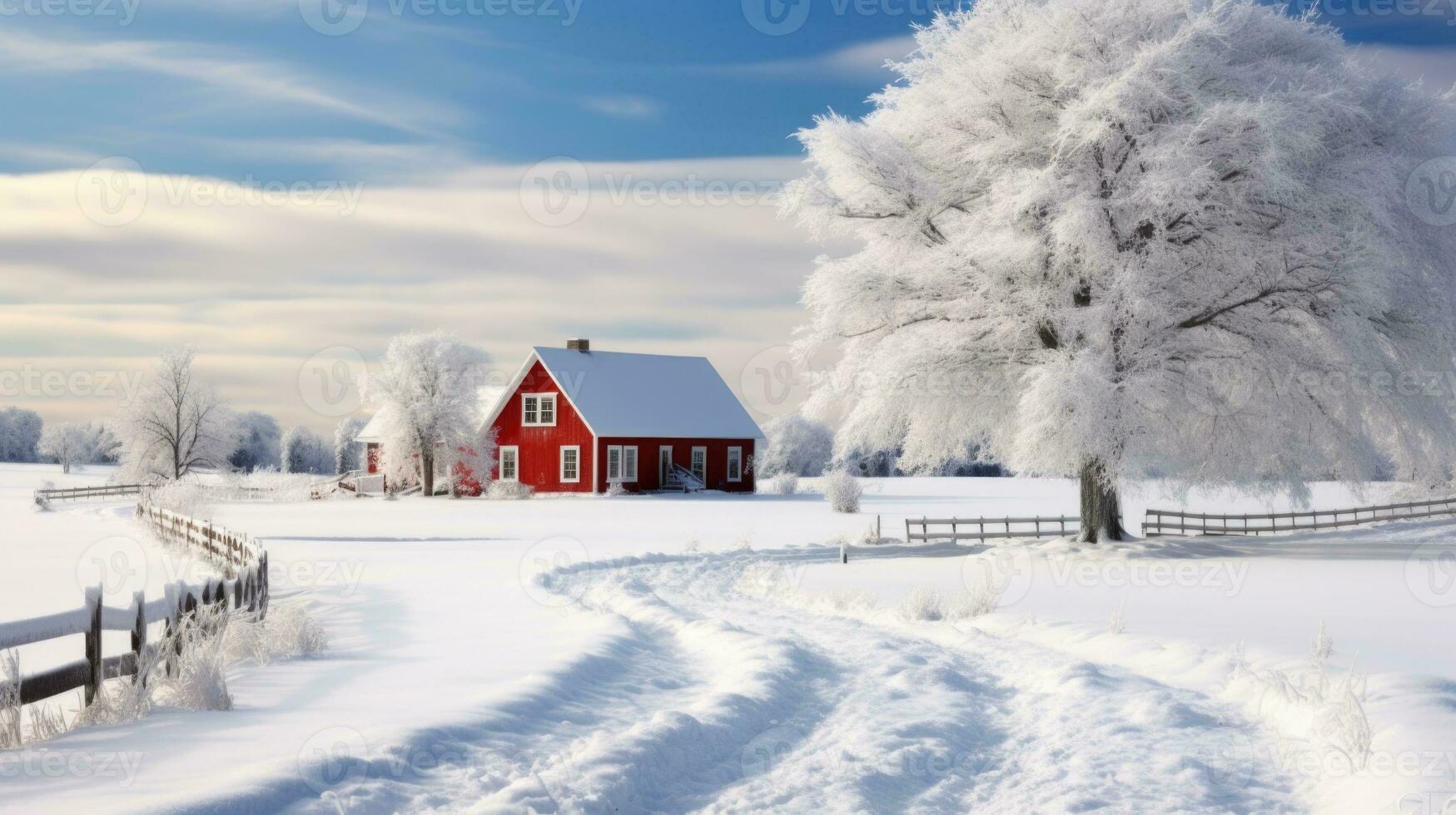 AI generated Scene of countryside covered with snow photo