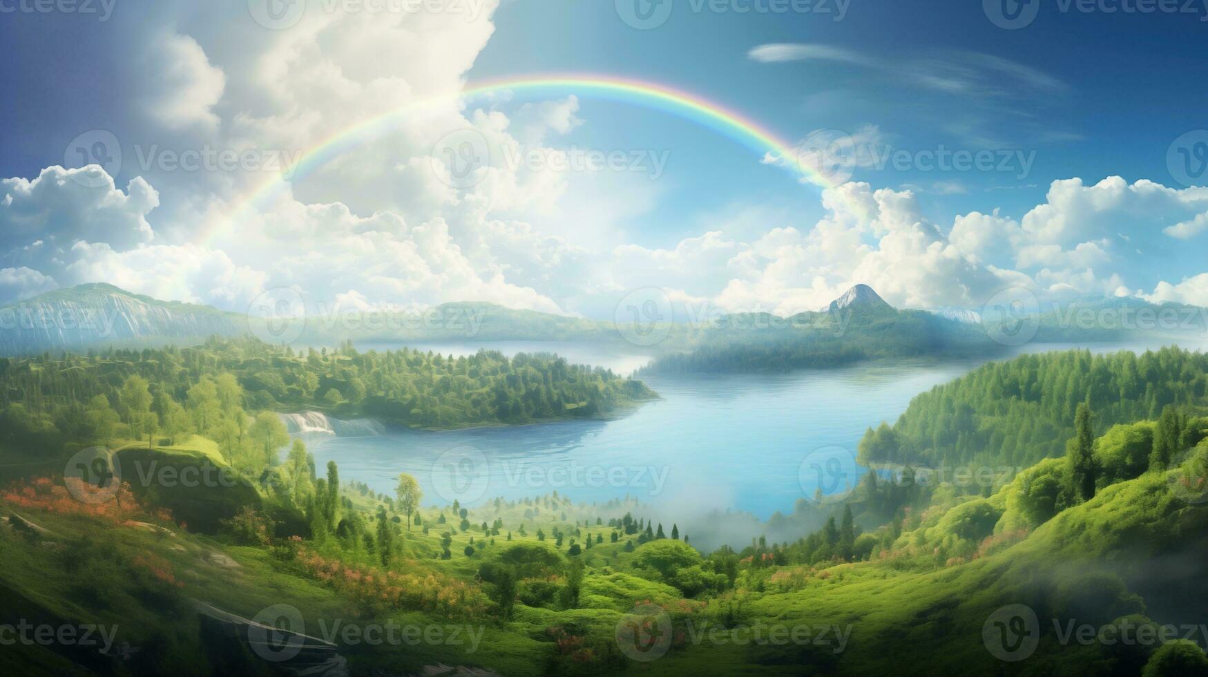 AI generated A peaceful landscape meadow field with rainbow in the sky photo