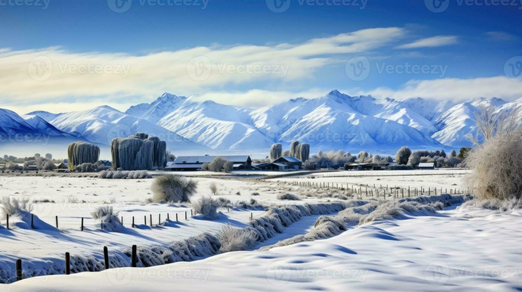 ai generado escena de campo cubierto con nieve foto