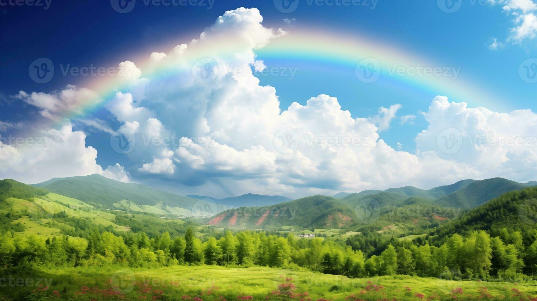 ai generado un pacífico paisaje prado campo con arco iris en el cielo foto