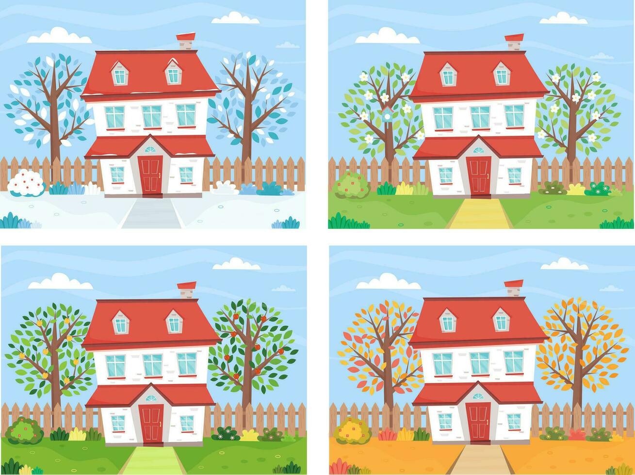 Rural landscape with cute house surrounded with trees and bushes at four seasons. Farm, cottage, house at winter, spring, summer, autumn time. vector