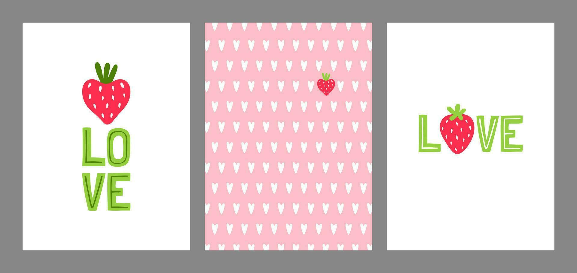 un conjunto de linda tarjetas con fresas y texto. vector modelo.