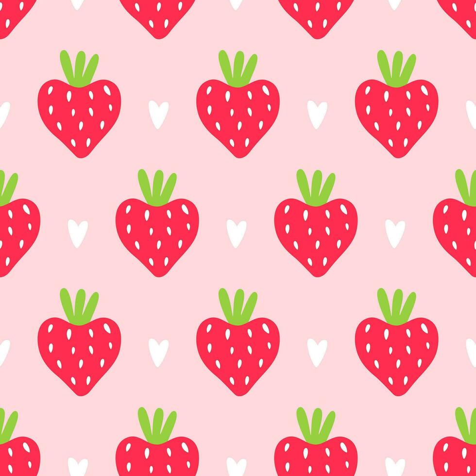 Cute summer pattern with strawberries and hearts. Vector template. For textile, wallpaper, paper, packaging, digital illustration.