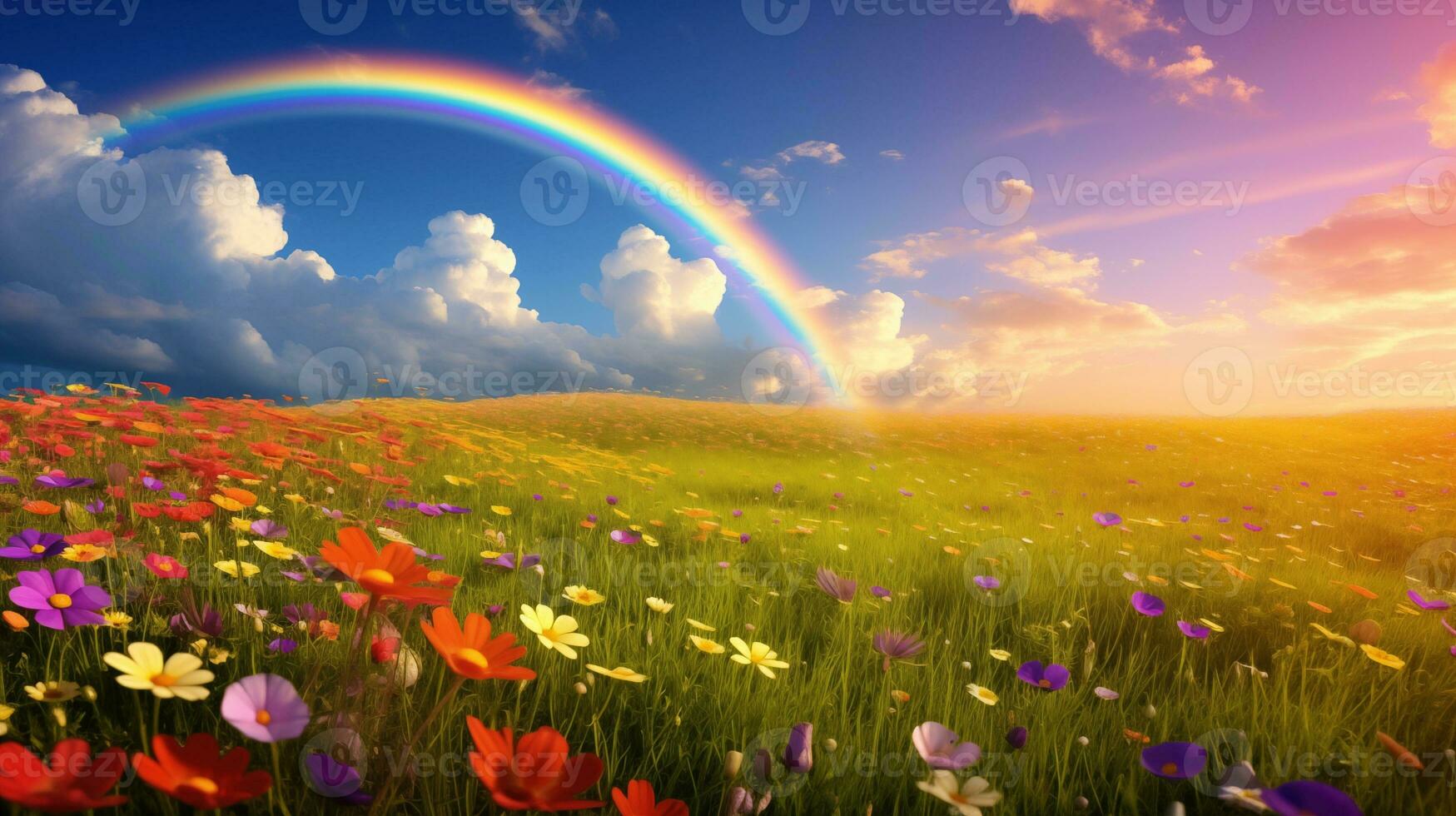 AI generated A peaceful landscape meadow field with rainbow in the sky photo