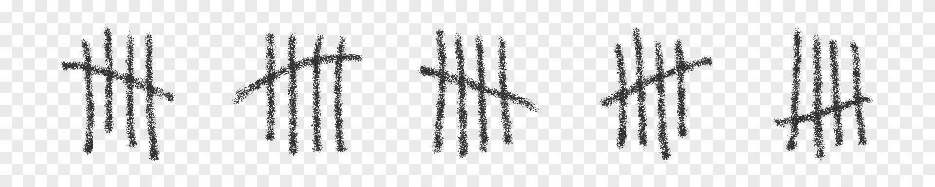 Hand drawn charcoal tally marks. Four sticks crossed out by slash line as symbol of number five in unary numeral system. Day counting sings vector