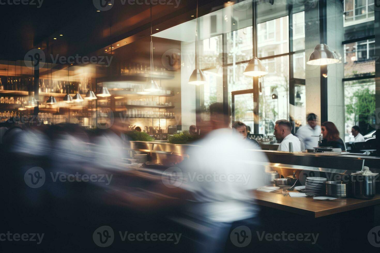 AI generated Blurred restaurant background with some people eating and chefs and waiters working. Generative AI photo