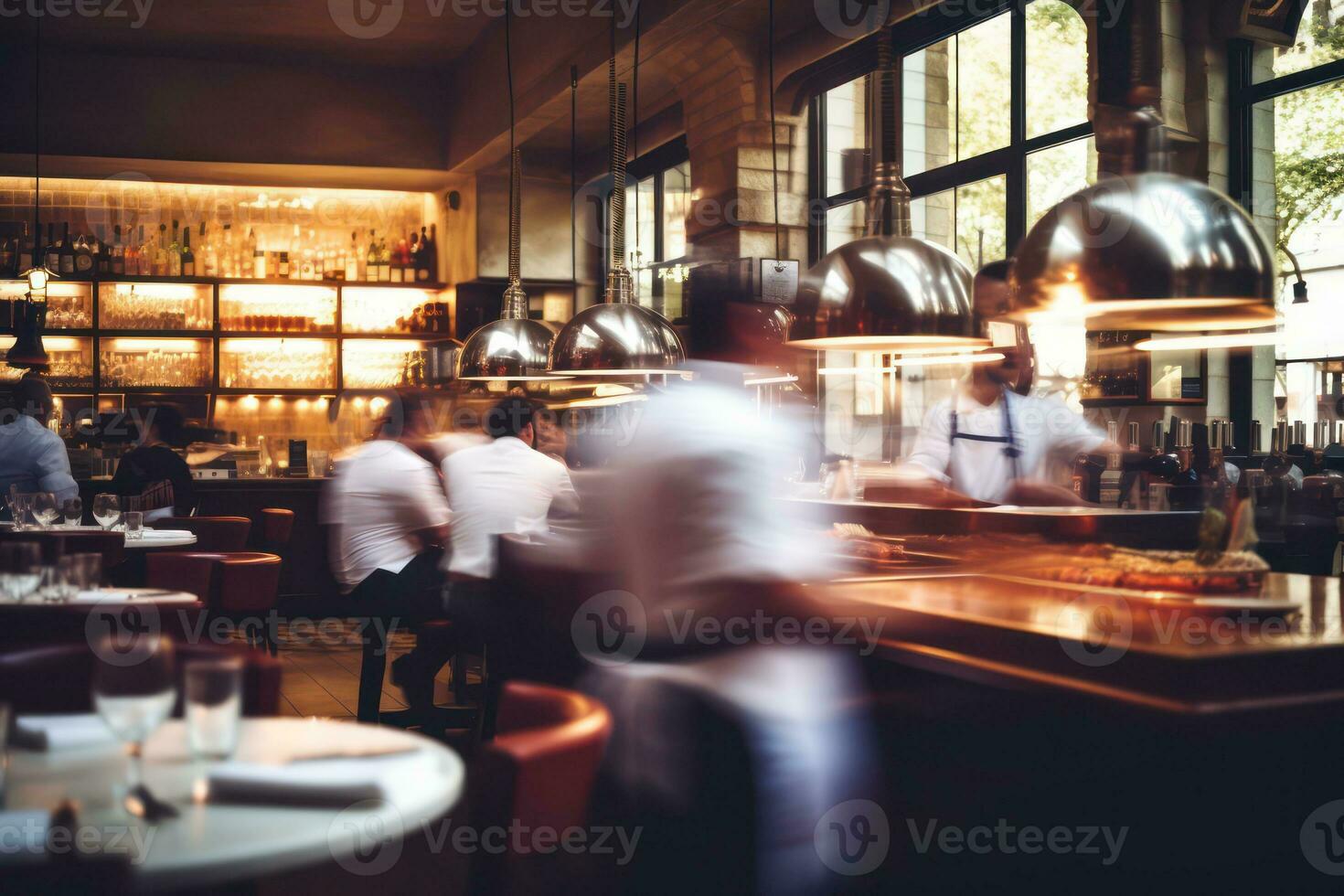 AI generated Blurred restaurant background with some people eating and chefs and waiters working. Generative AI photo