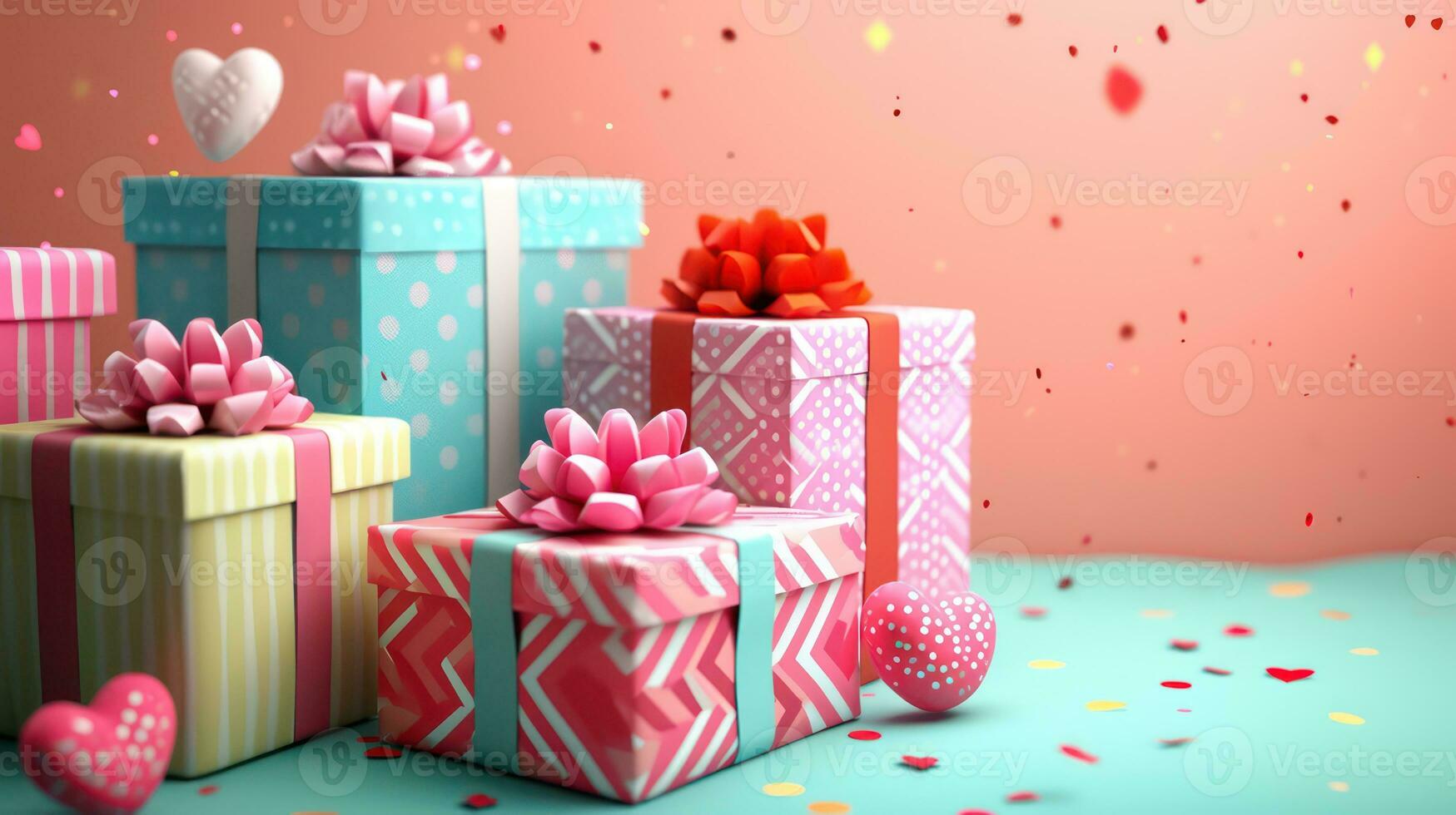 AI generated Valentine gifts in colorful packaging with bows and bright ribbons. Generative AI photo