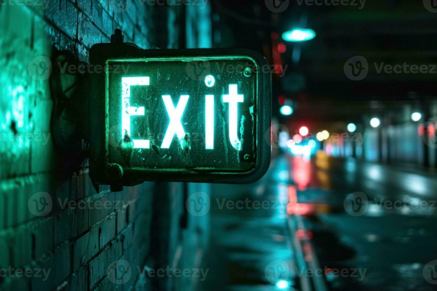 AI generated Exit sign glowing in green. Generative AI photo