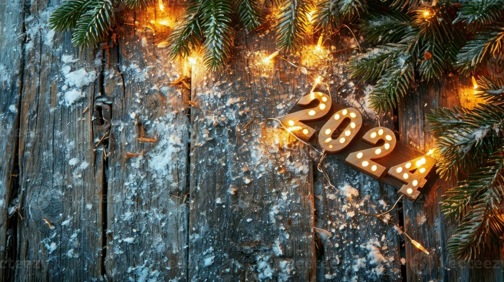 AI generated A rustic wood background with 2024 in bright lights New Year Flat lay top view, with copy space. Generative AI photo