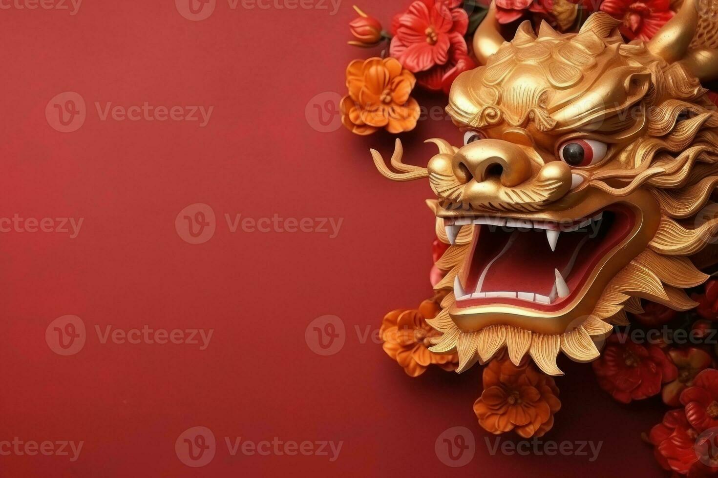 AI generated Golden Chinese dragon on red color background. Generative AI photo