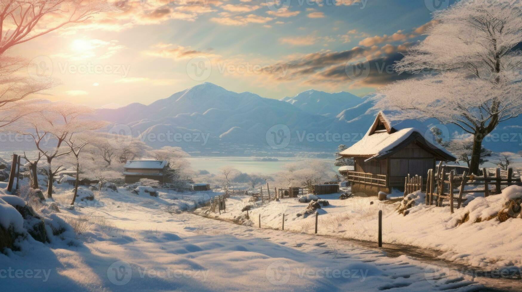 AI generated Scene of countryside covered with snow photo