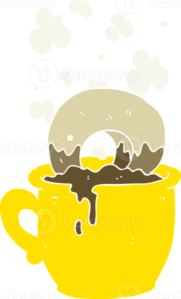 flat color illustration of a cartoon donut dunked in coffee png