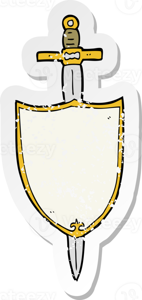 Retro beunruhigter Aufkleber eines heraldischen Zeichentrickschildes png