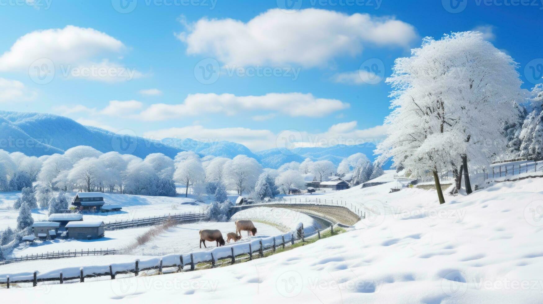 AI generated Scene of countryside covered with snow photo