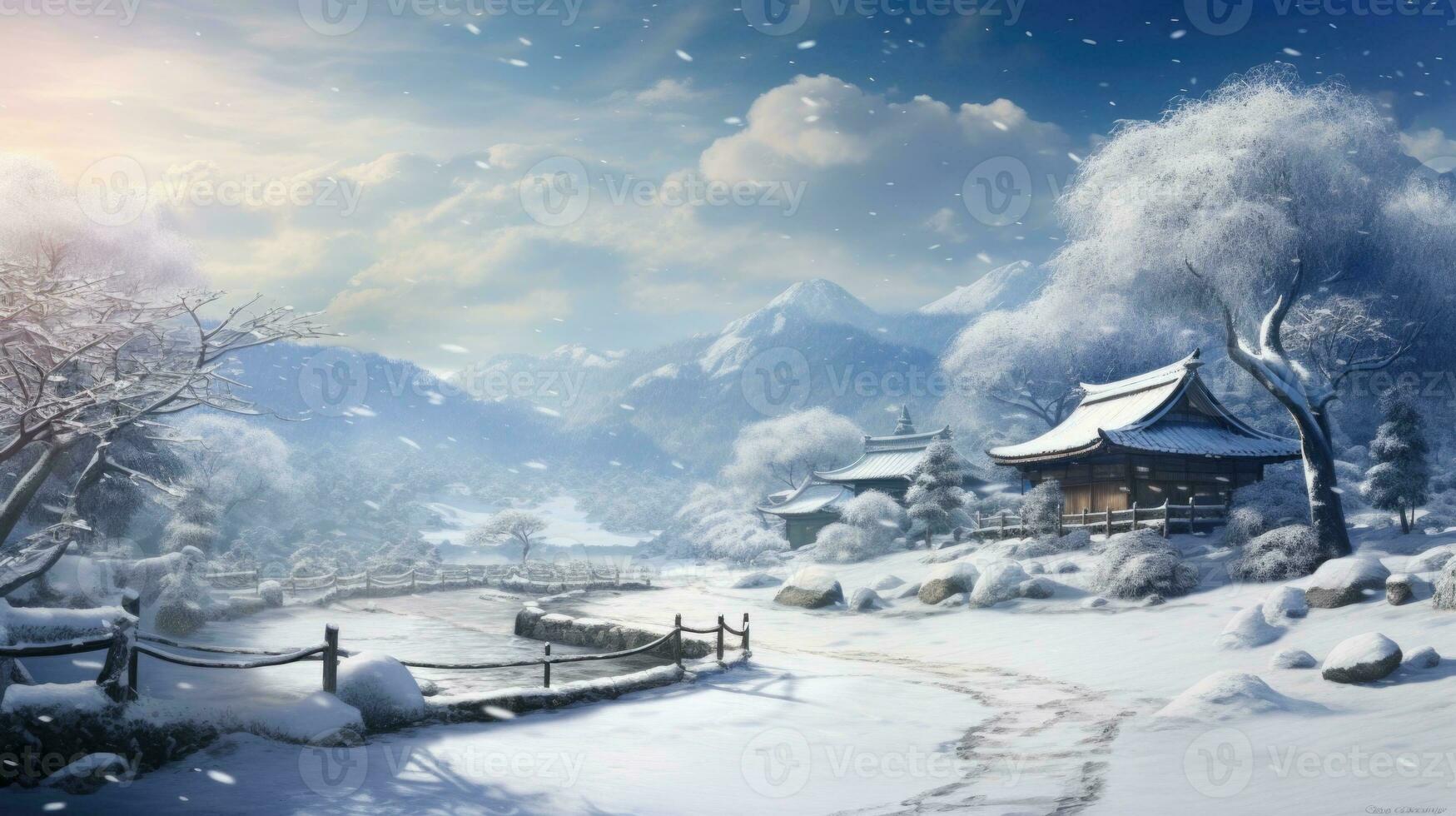 AI generated Scene of countryside covered with snow photo