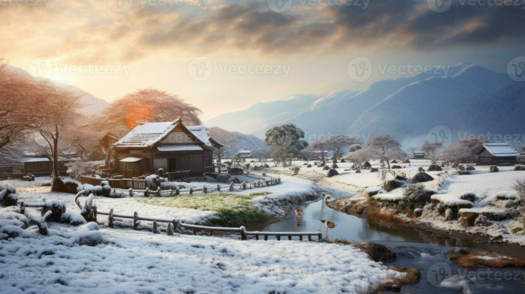 ai generado escena de campo cubierto con nieve foto