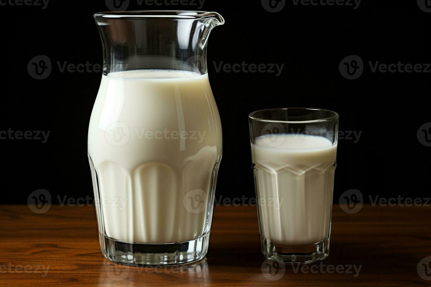 AI generated glass of milk and a jug of milk side by side. generative ai photo