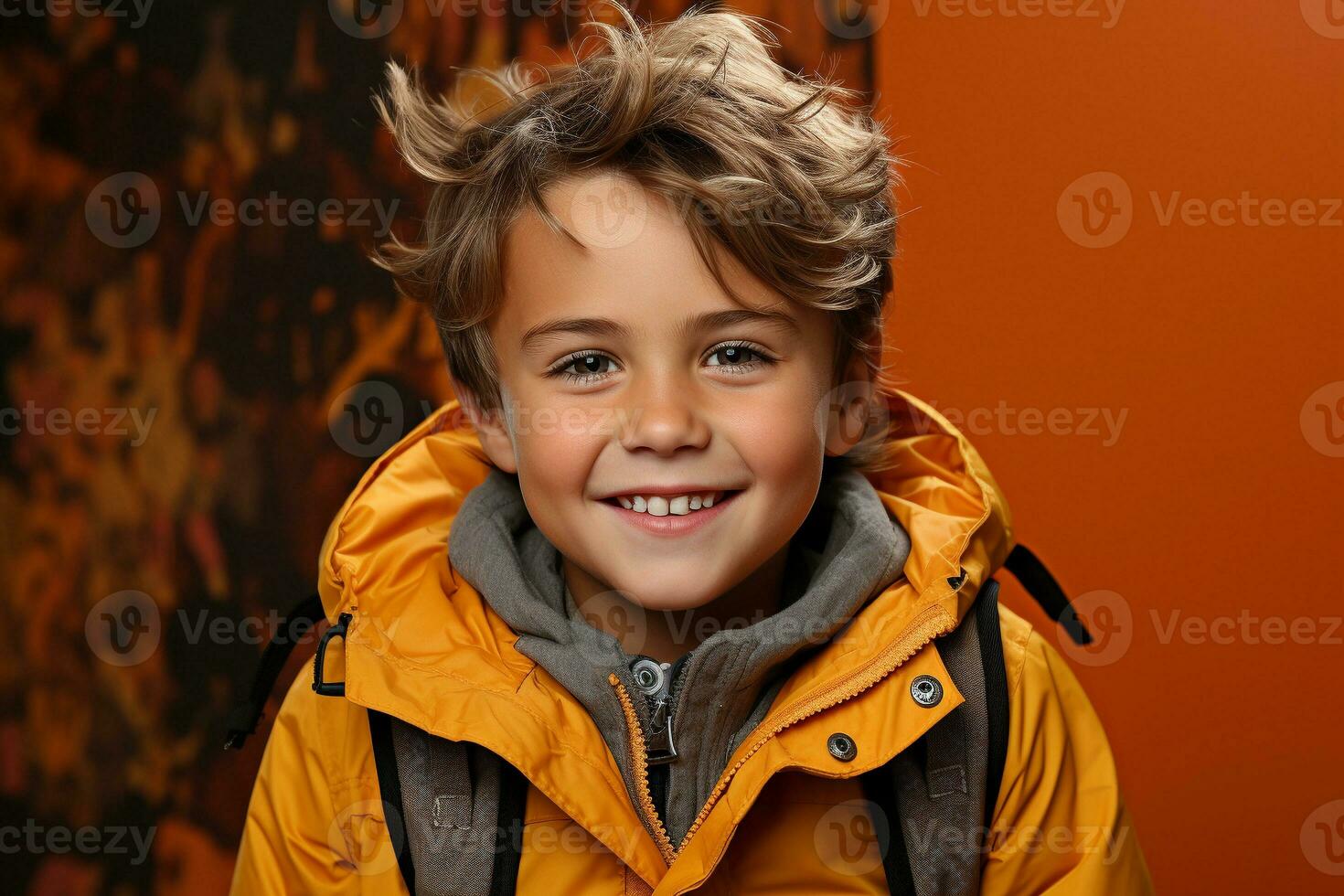 AI generated Portrait of happy schoolboy with backpack on orange background. generative ai photo