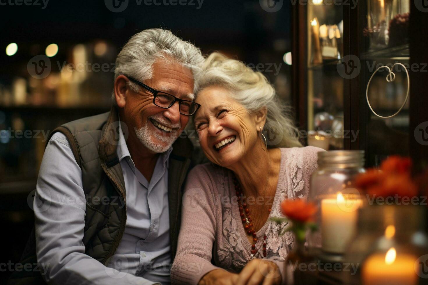 AI generated a candid photo of a cute old people couple laughing and having fun. generative ai