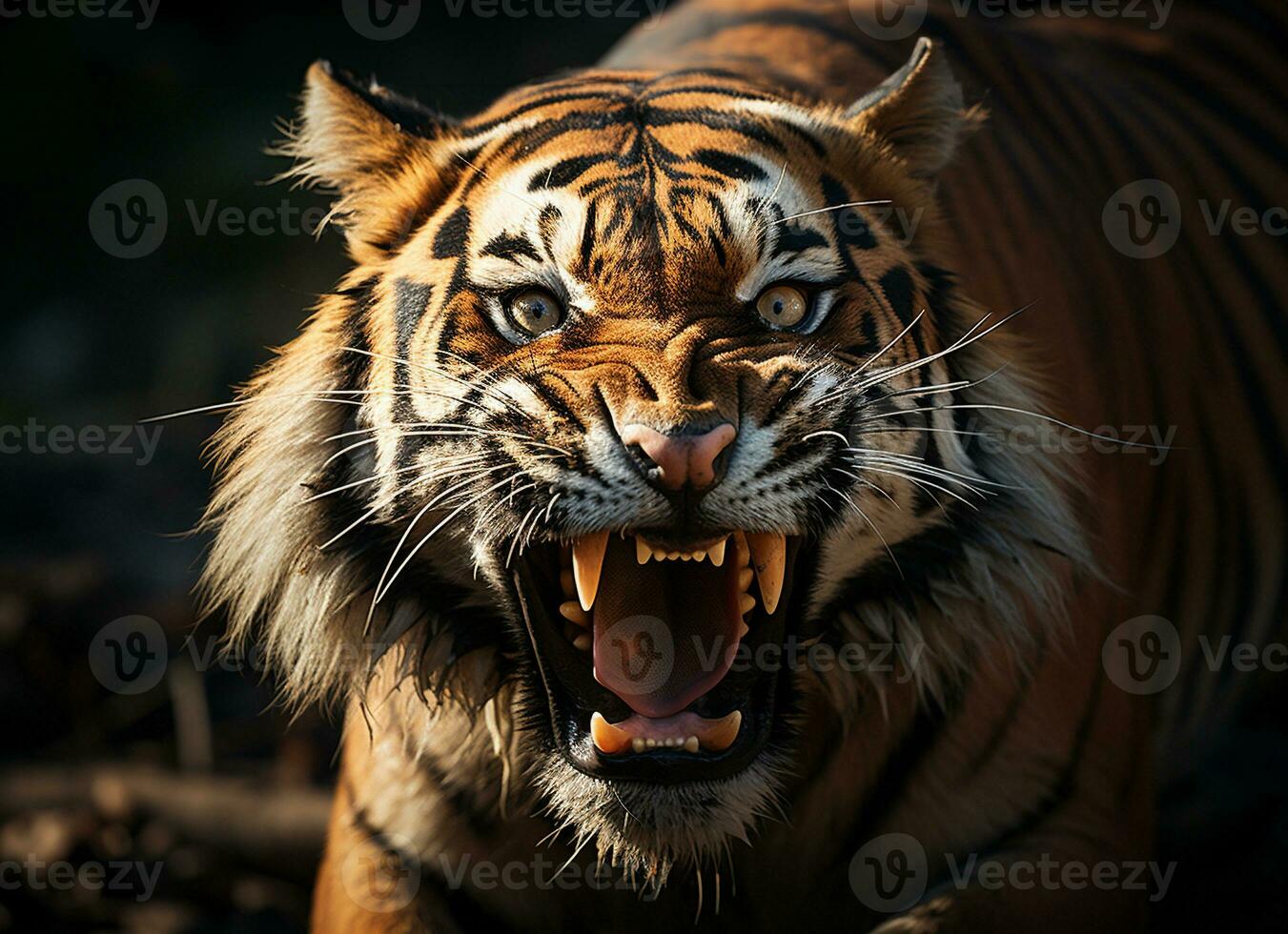 AI generated portrait of tiger face roaring close up. Generative AI. photo