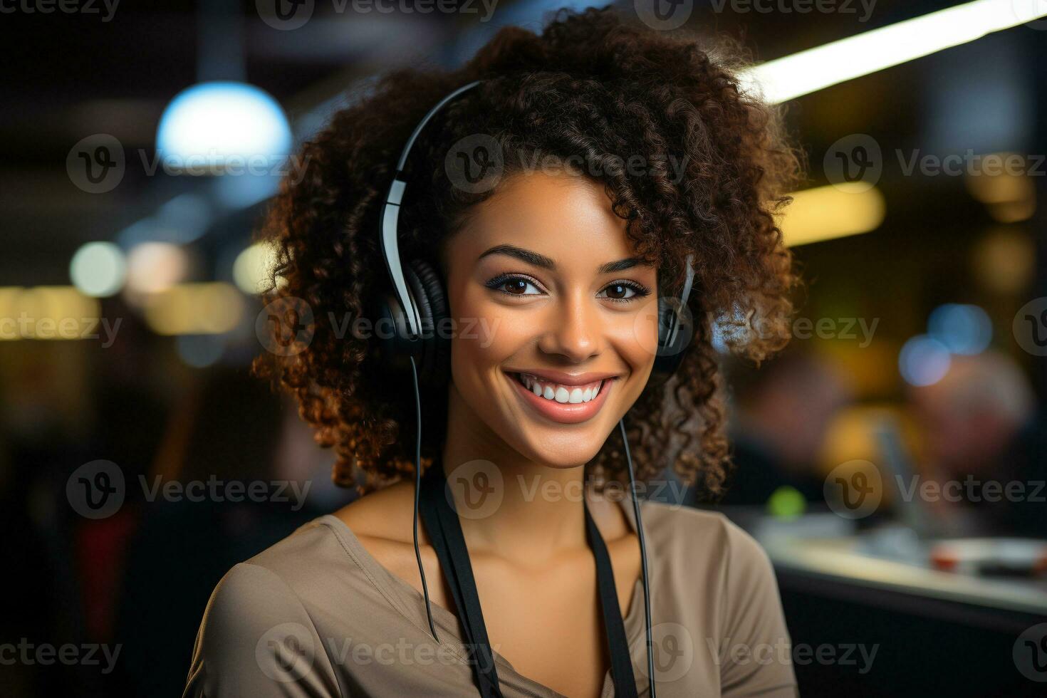 AI generated Telemarketer, sales agent on the phone wears a wireless headset, talks, consults an online customer on a computer, an African woman hotline operator works in a customer support office. photo