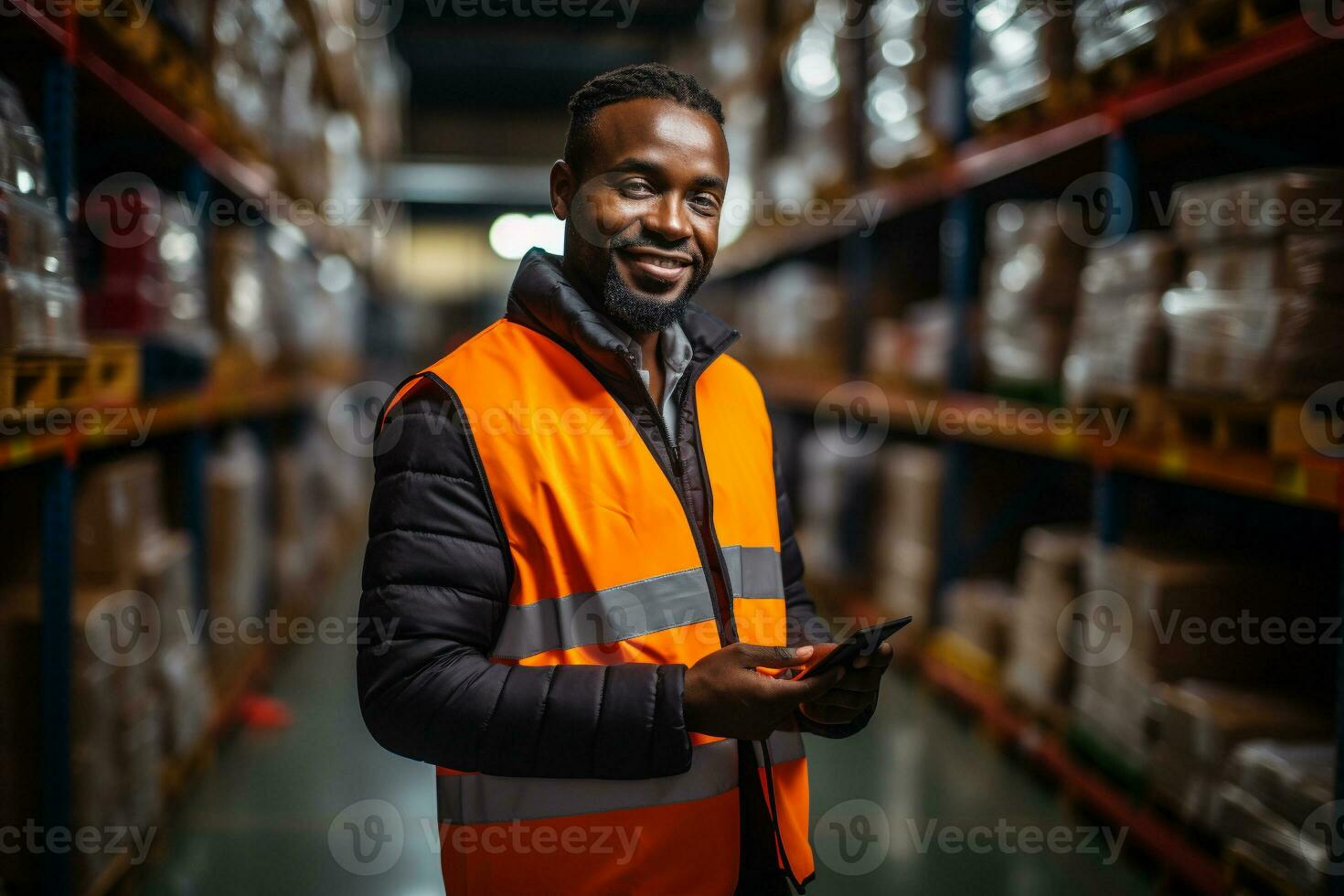 AI generated Factory worker  holding digital tablet organising parcels in warehouse, generative ai. photo
