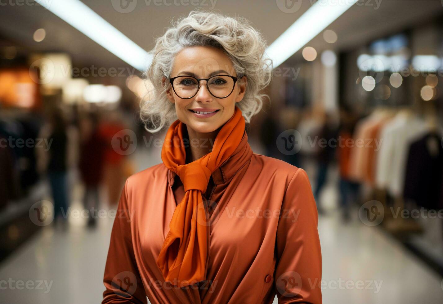 AI generated Happy mature woman in an elegant clothes coat in the mall. generative ai. photo