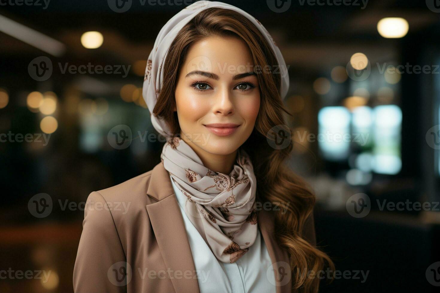 AI generated Muslim female CEO or Chief Executive Officer running a large corporation as boss. generative ai photo