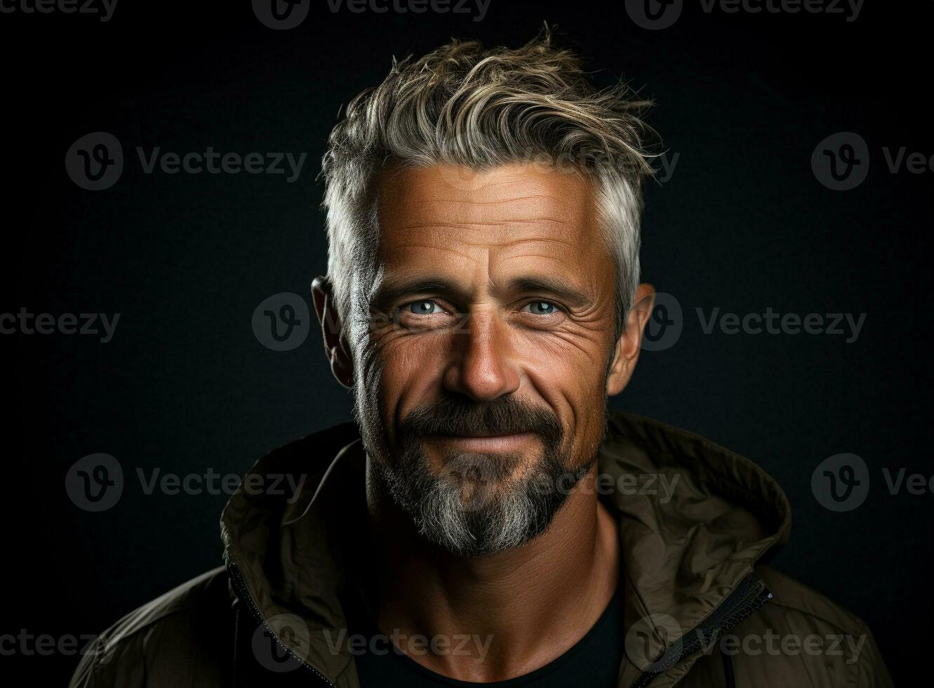 AI generated a close up photo portrait of a handsome old mature man smiling. guy with fresh stylish hair and beard with strong jawline on black background. Generative ai.