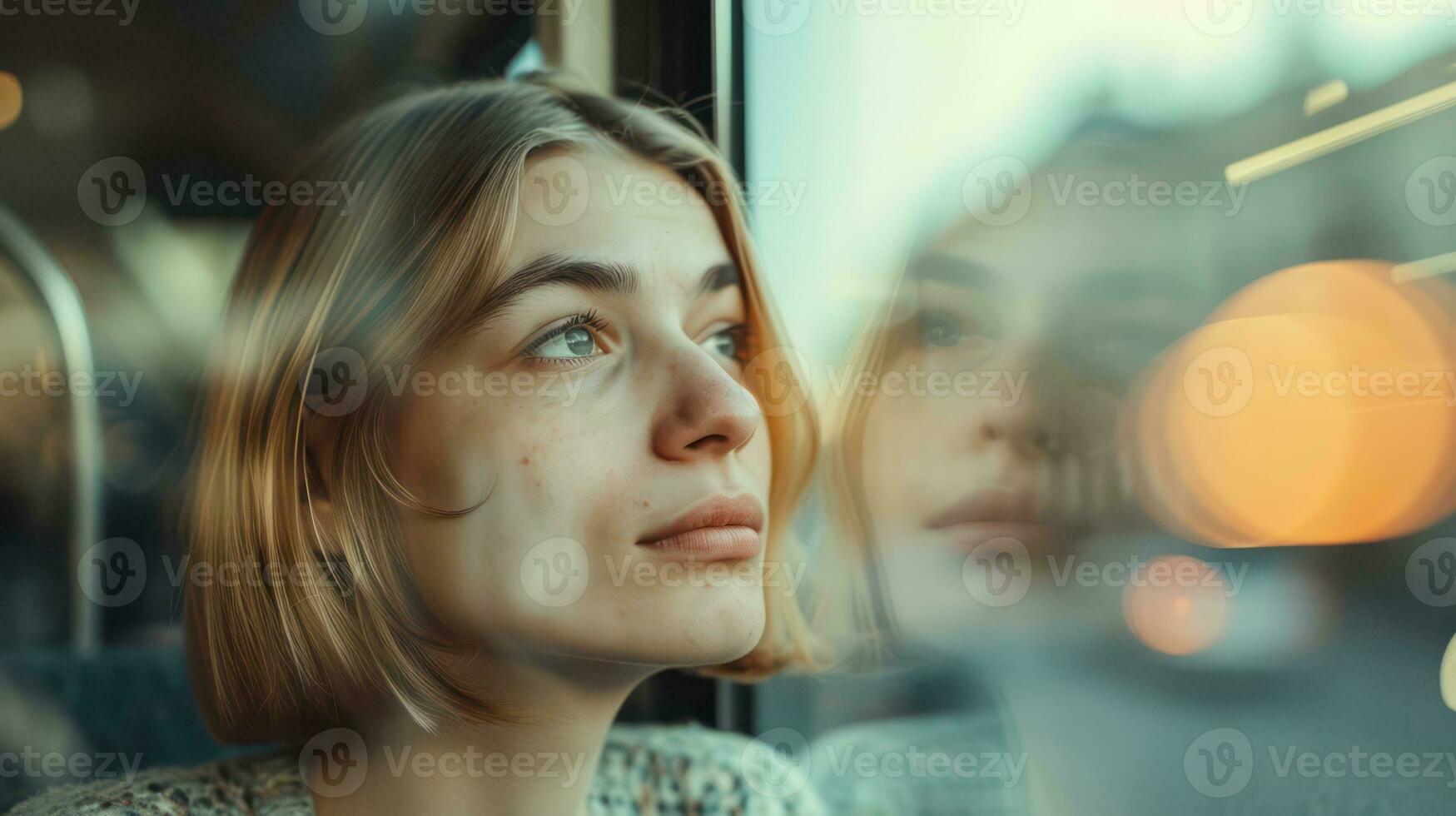 AI generated A women looking at the city passing by from a bus window. Generative AI photo