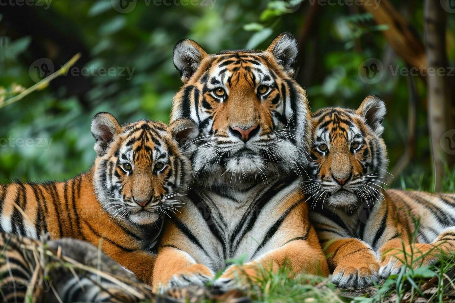 AI generated A tiger is lurking behind the leaves. Generative AI photo