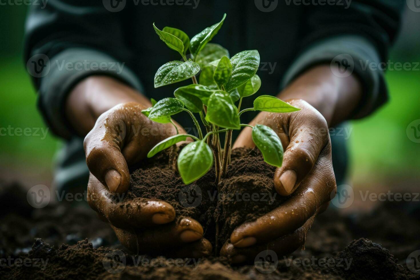 AI generated Farmer holding pile of ground with growing up plant under rain. Generative AI photo