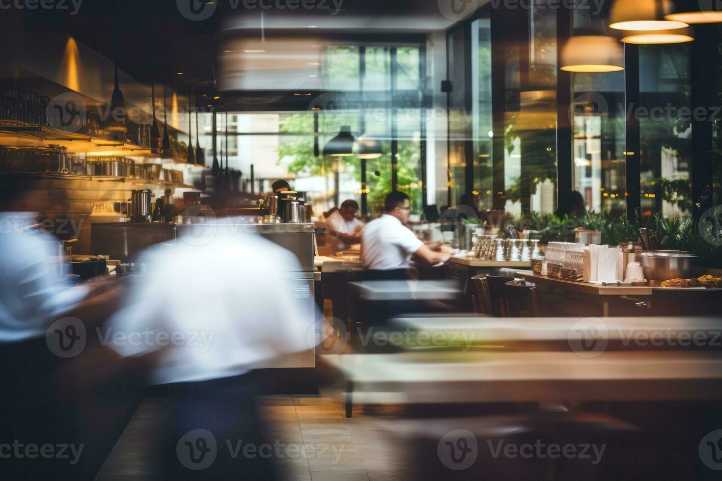 AI generated Blurred restaurant background with some people eating and chefs and waiters working. Generative AI photo