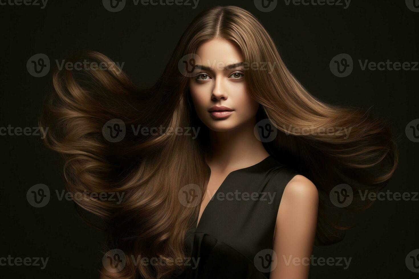 AI generated Beautiful girl in move with a perfectly smooth hair. Generative AI photo