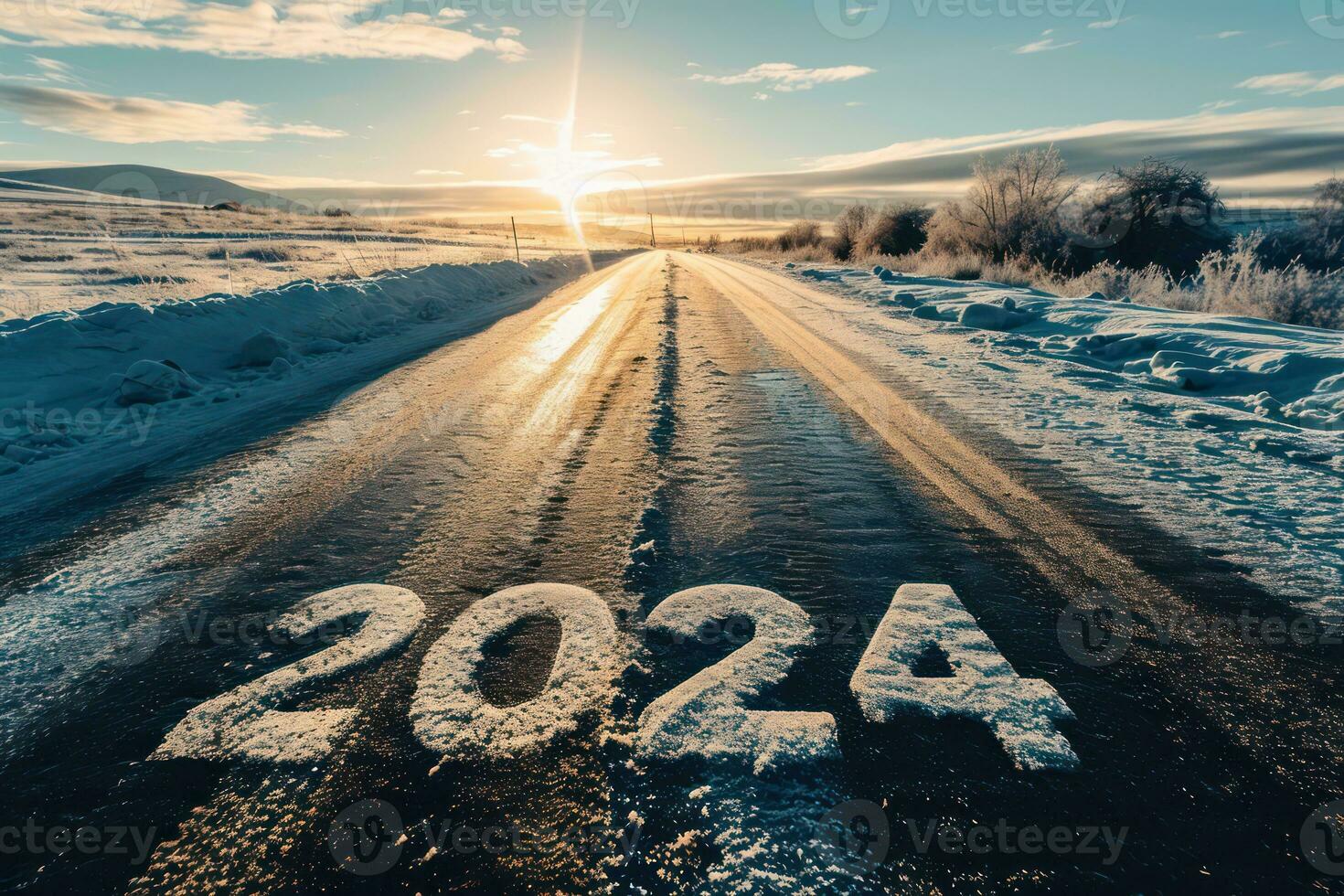 AI generated New year big text 2024 or straight forward winter road trip travel and future vision concept, photo